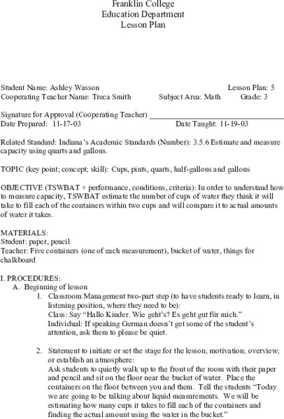 Liquid Measurement Lesson Plan