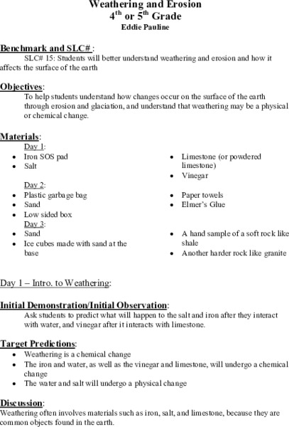 Weathering and Erosion Lesson Plan