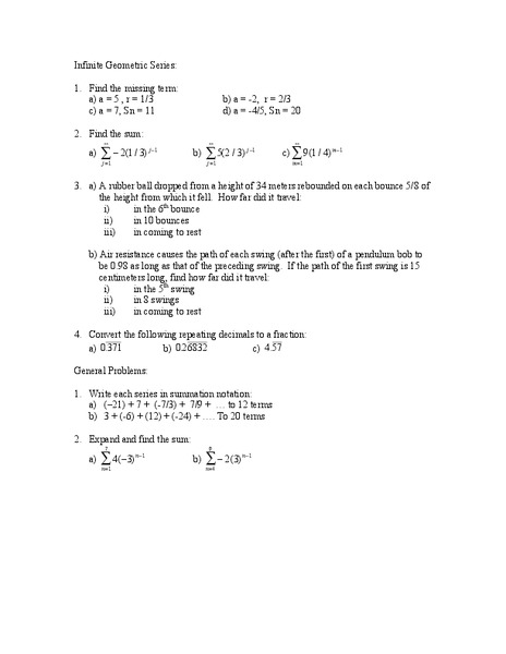 Infinite Geometric Series Worksheet