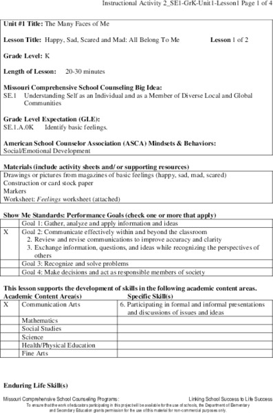 Happy, Sad, Scared and Mad: All Belong To Me Lesson Plan