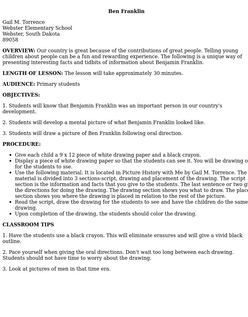 Ben Franklin Lesson Plan