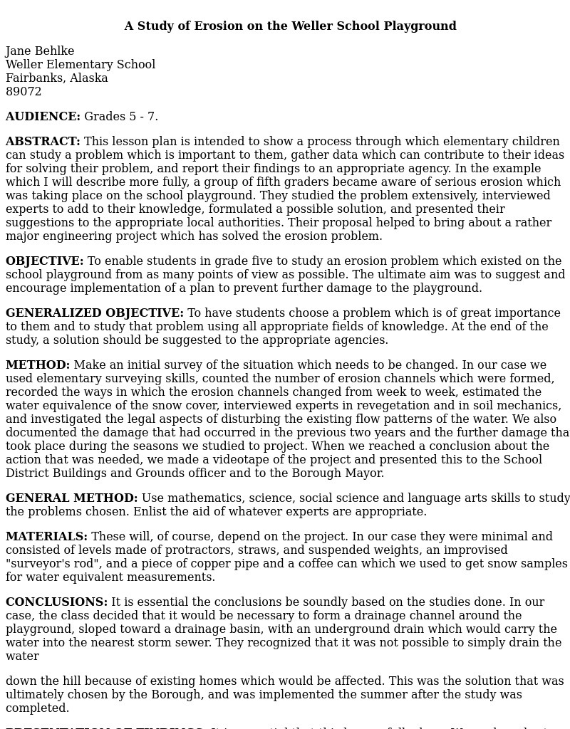 A Study of Erosion on the Weller School Playground Lesson Plan
