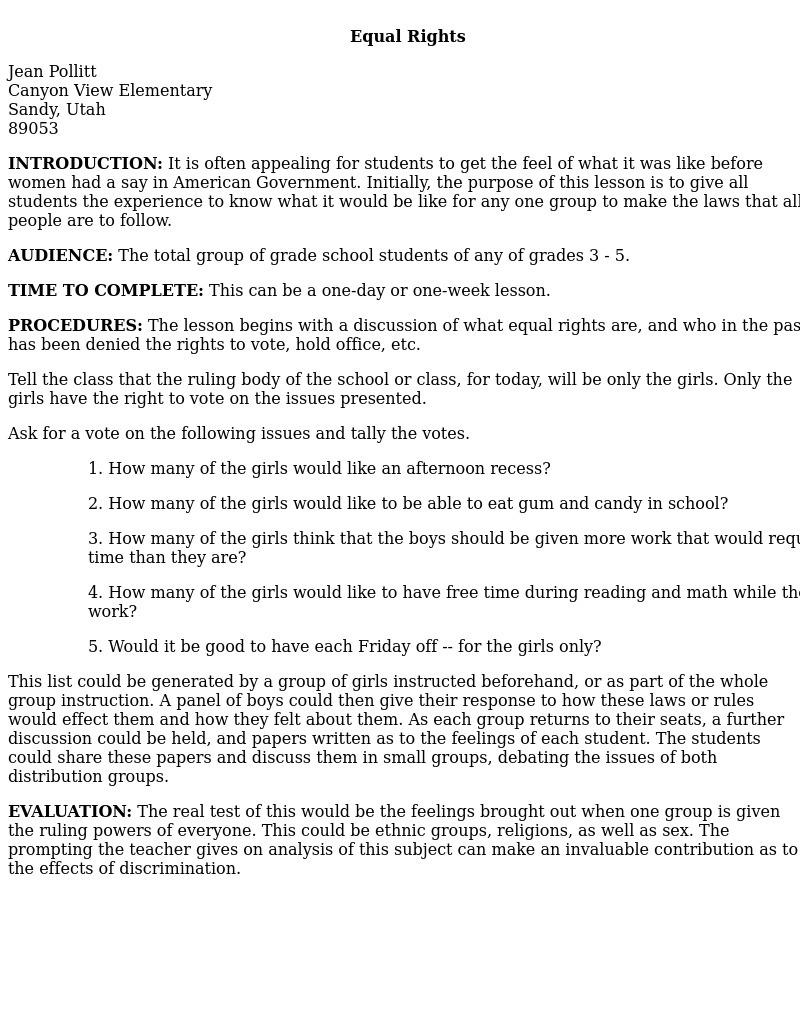 Equal Rights Lesson Plan