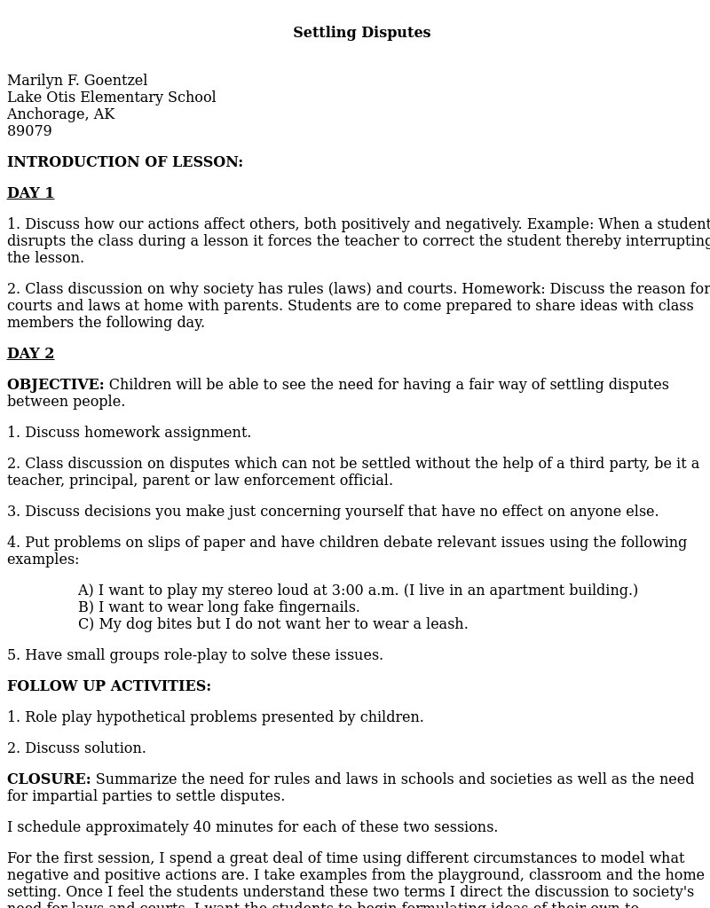 Settling Disputes Lesson Plan