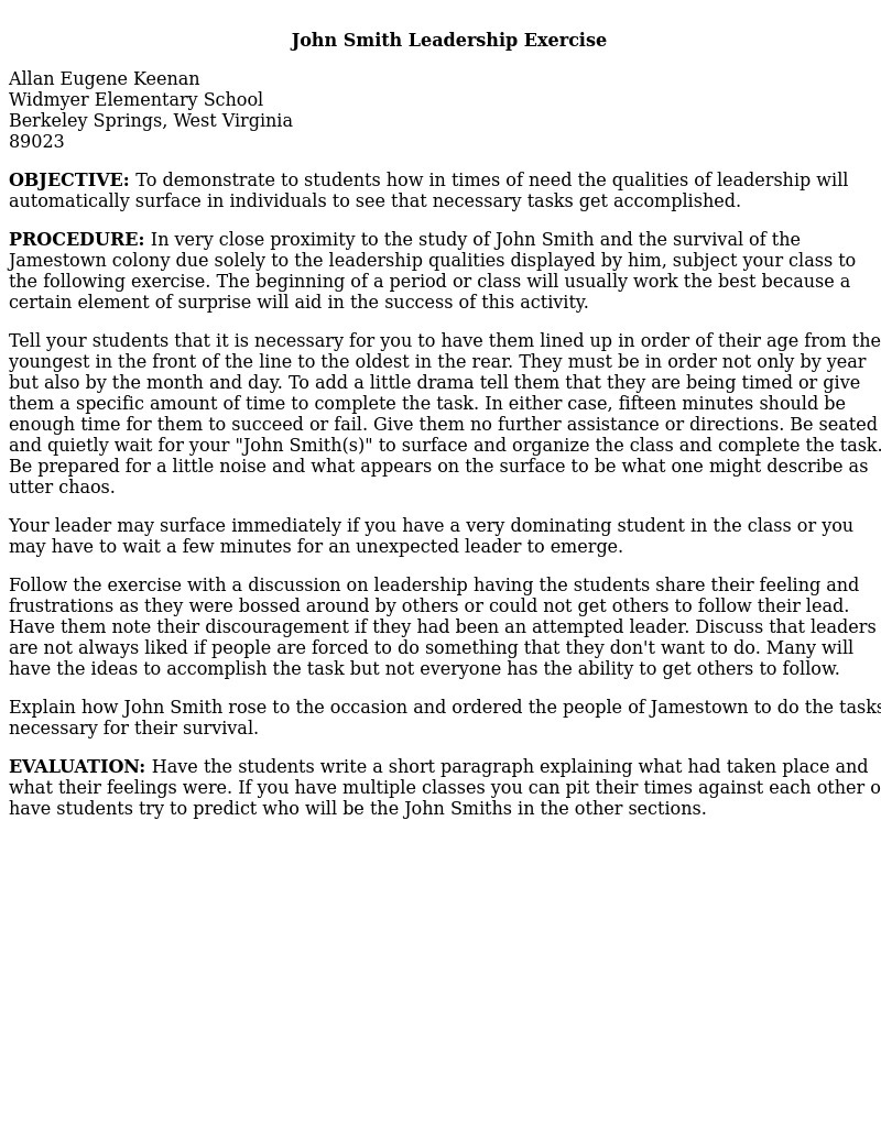 John Smith Leadership Exercise Lesson Plan
