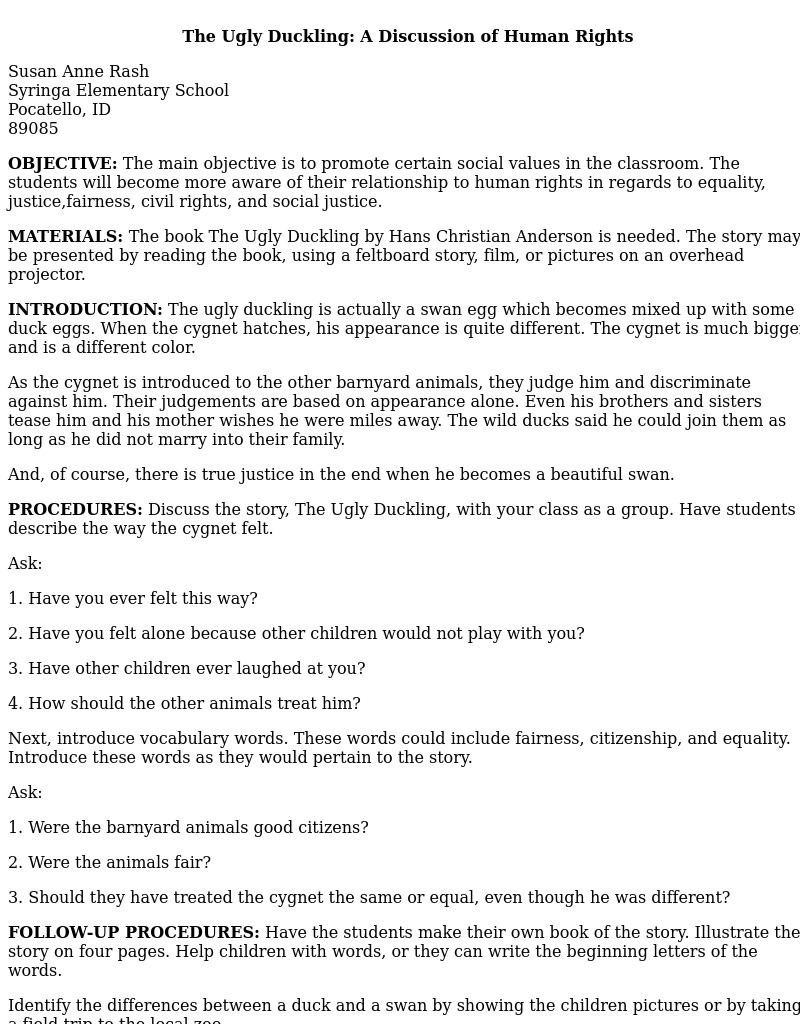 The Ugly Duckling: A Discussion of Human Rights Lesson Plan