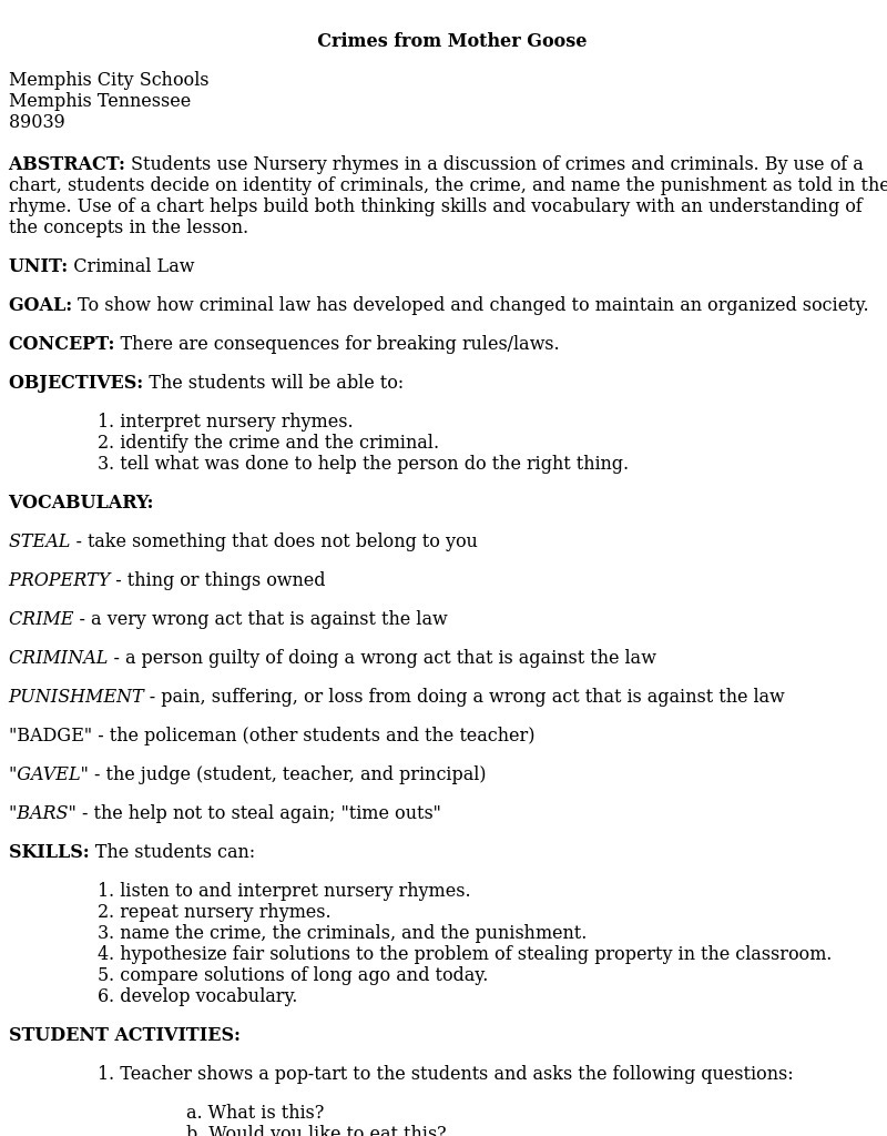 Crimes from Mother Goose Lesson Plan