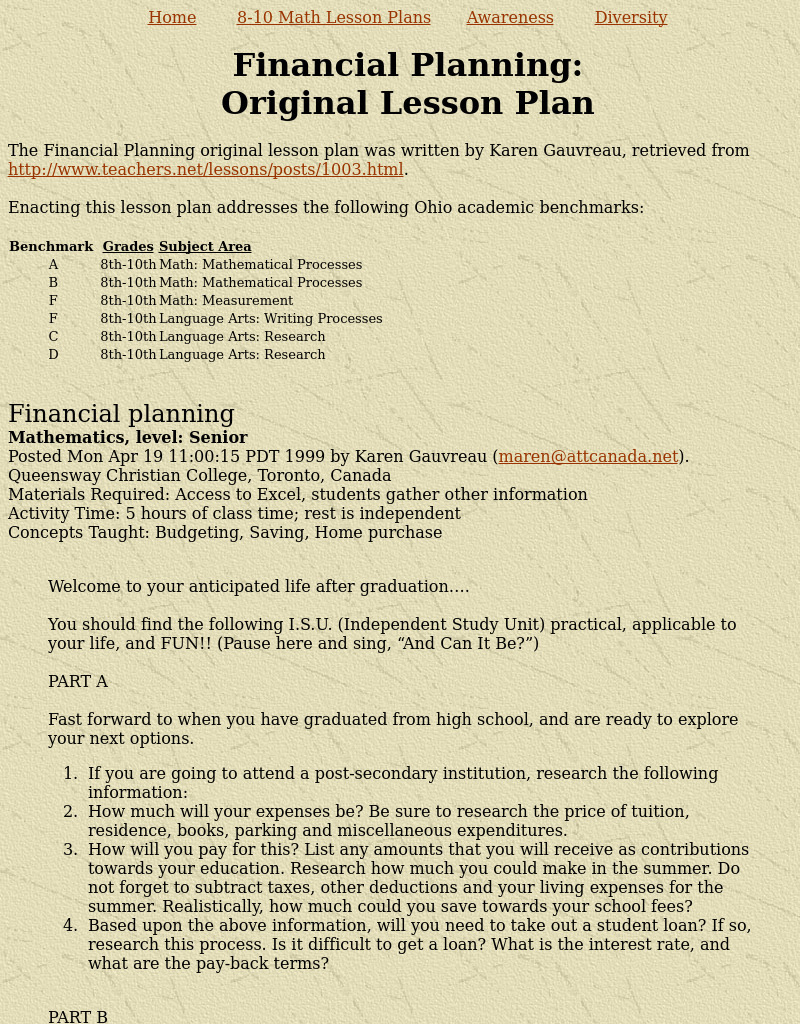 Financial Planning Lesson Plan