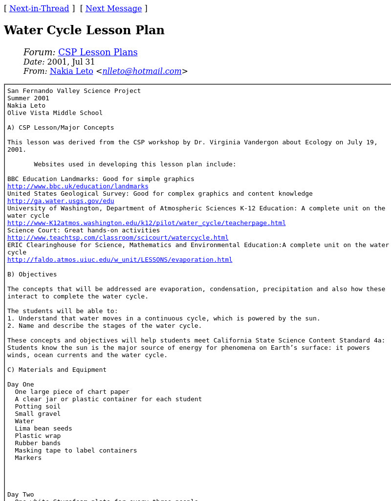 Water Cycle Lesson Plan