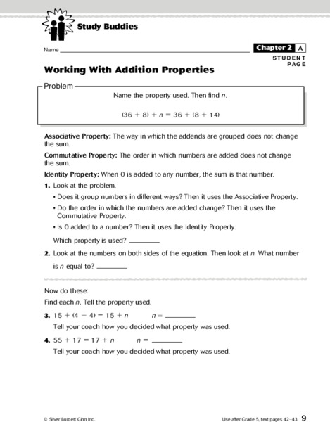 Study Buddies: Working With Addition Properties Worksheet