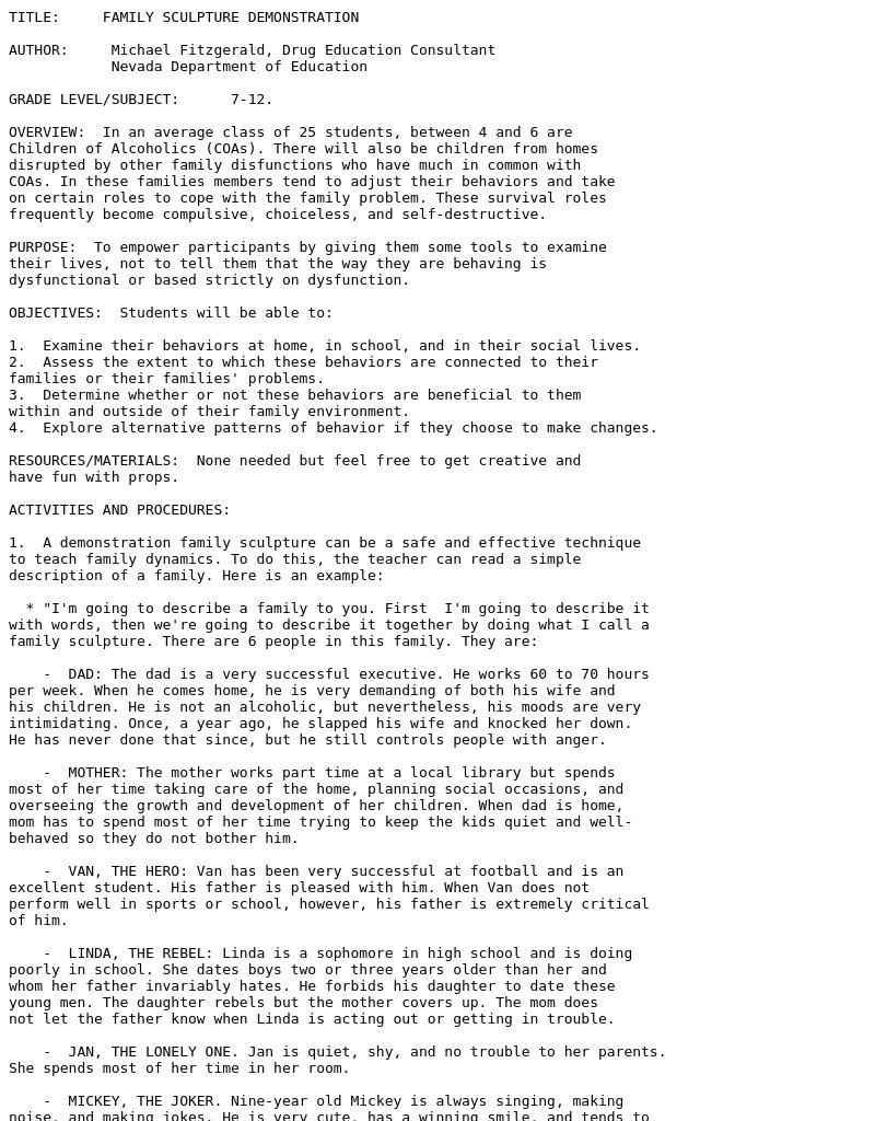 Family Sculpture Demonstration Lesson Plan