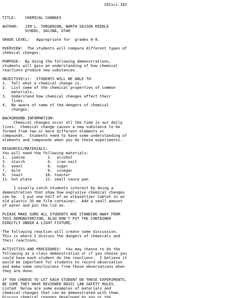 Chemical Changes Lesson Plan