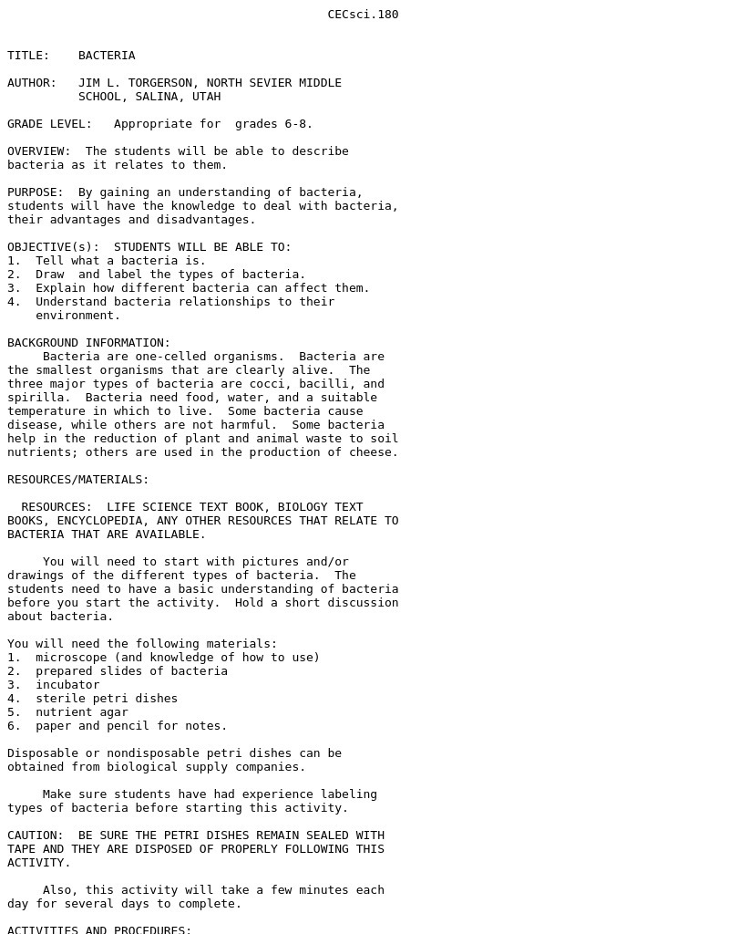 Bacteria  Lesson Plan