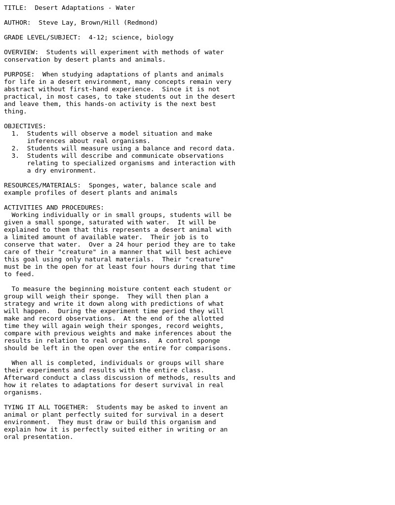 Desert Adaptations: Water Lesson Plan