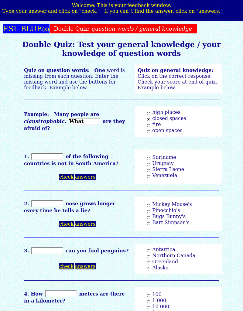 Double Quiz: Test Your General Knowledge / Knowledge of Question Words Interactive