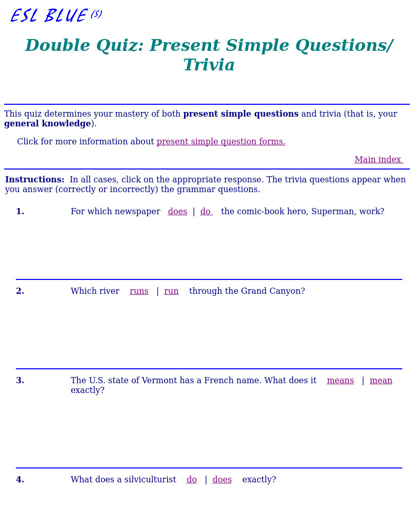 Double Quiz: Present Simple Questions/ Trivia Interactive