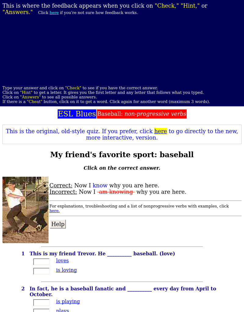 Baseball: Non-Progressive Verbs Interactive