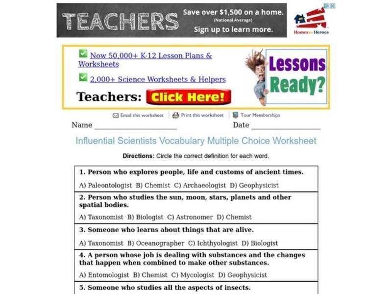 Influential Scientists Vocabulary Multiple Choice Worksheet Worksheet