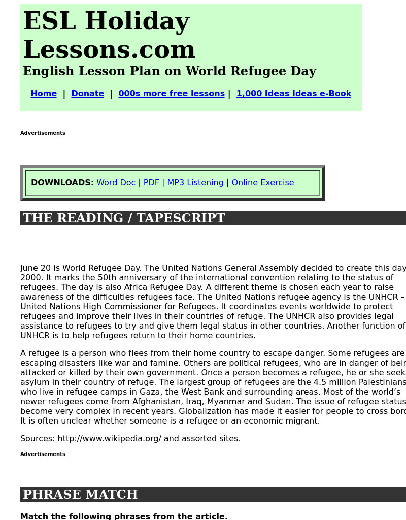 ESL Holiday Lessons: World Refugee Day Interactive