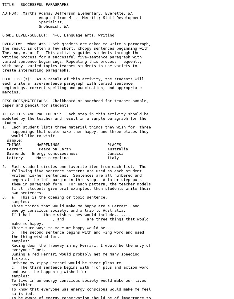 Successful Paragraphs Lesson Plan