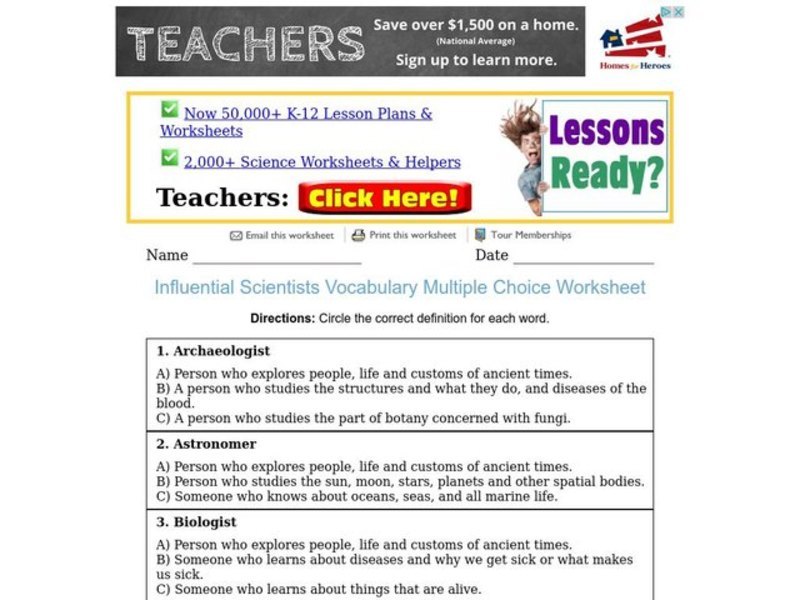 Influential Scientists Vocabulary Multiple Choice Worksheet Worksheet