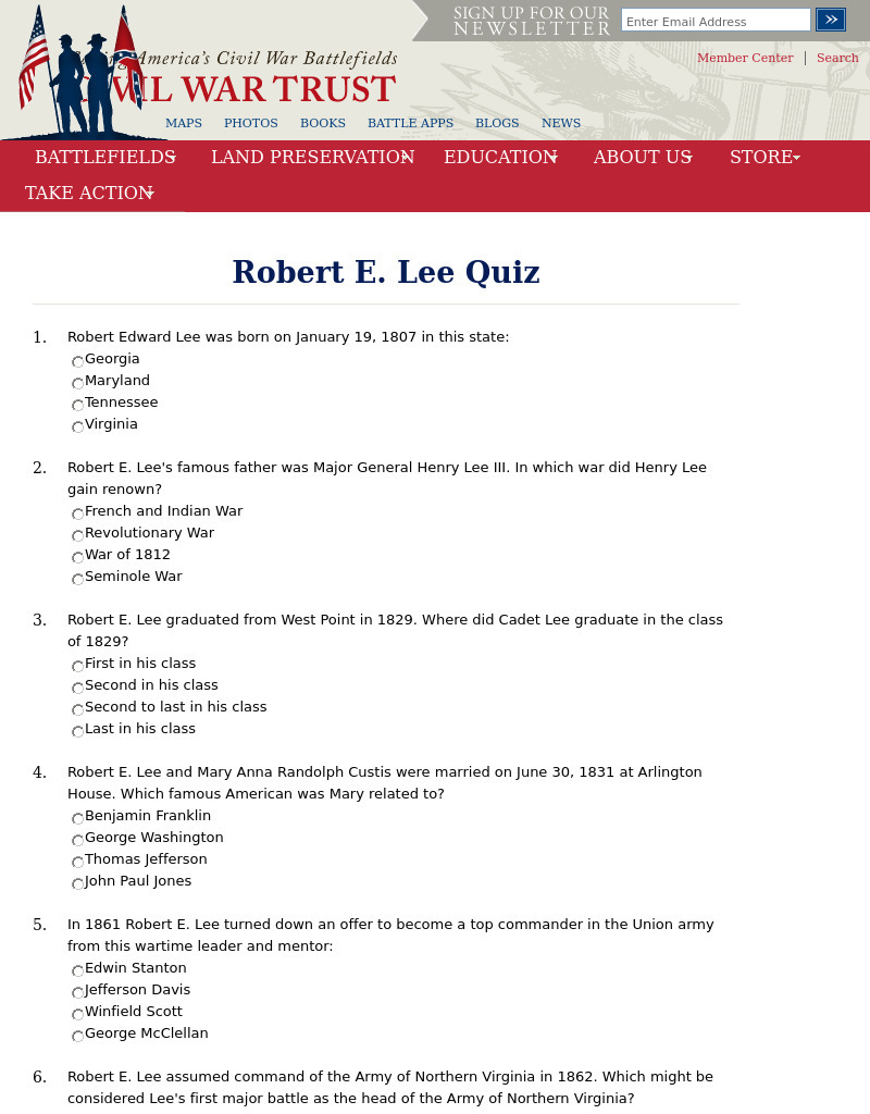Robert E. Lee Quiz Interactive