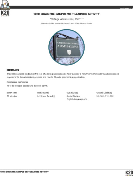 College Admissions, Part 1: 10th Grade Pre-Campus Visit Learning Activity Lesson Plan