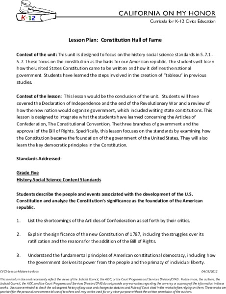 Constitution Hall of Fame Lesson Plan