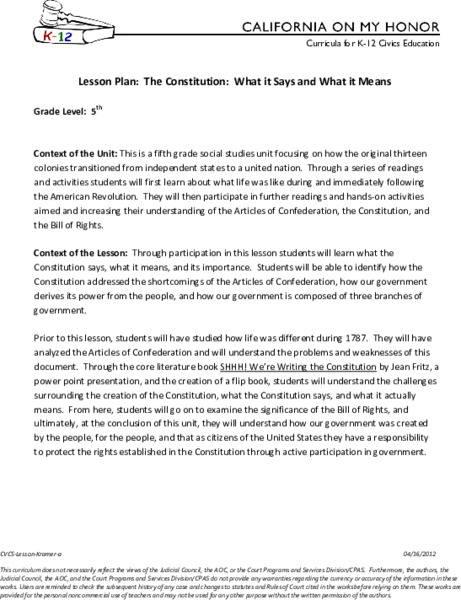 The Constitution: What It Says and What It Means Lesson Plan