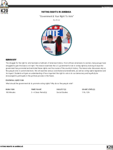 Government and Your Right To Vote: Voting Rights In America Lesson Plan