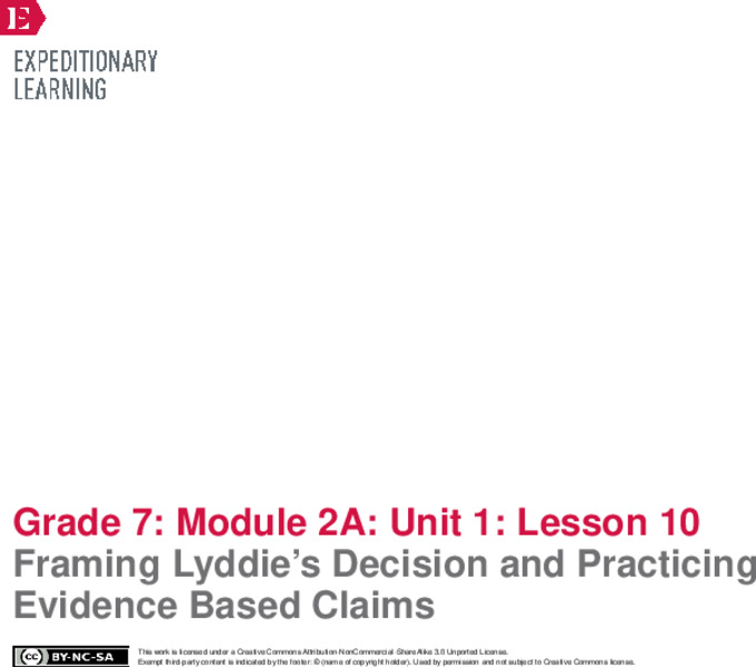 Framing Lyddie’s Decision and Practicing Evidence Based Claims Lesson Plan