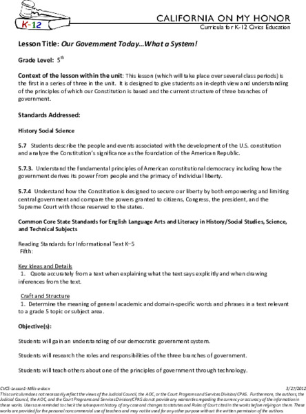 Our Government Today…What A System! Lesson Plan