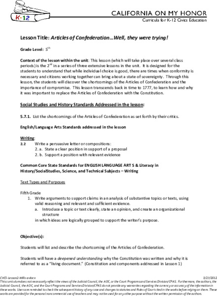 Articles of Confederation…Well, They Were Trying! Lesson Plan