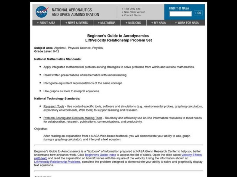 Lift/Velocity Relationship Problem Set Lesson Plan