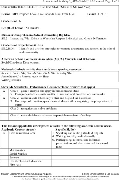 Respect: Looks Like, Sounds Like, Feels Like Lesson Plan