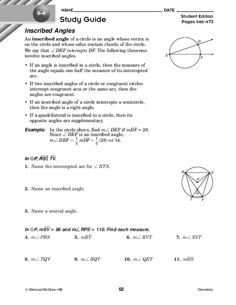 Inscribed Angles Worksheet