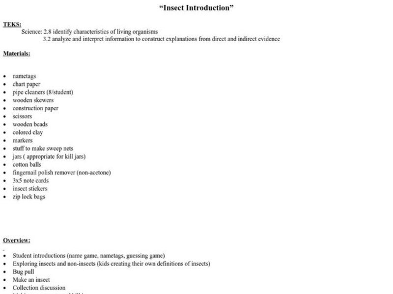 Insect Introduction Lesson Plan