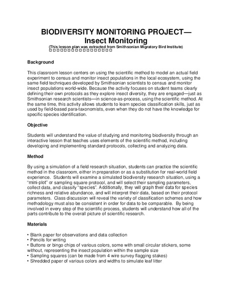 Insect Monitoring Lesson Plan