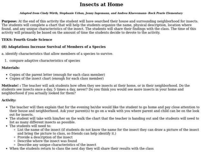 Insects at Home Lesson Plan