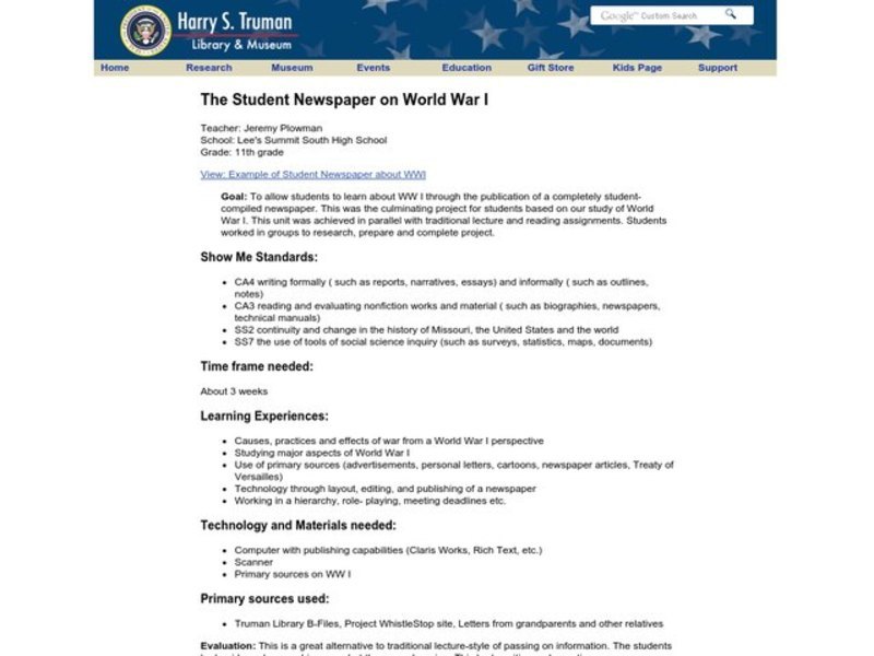 The Student Newspaper on World War I Lesson Plan