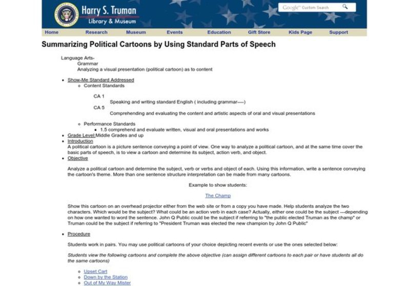 Summarizing Political Cartoons by Using Standard Parts of Speech Lesson Plan