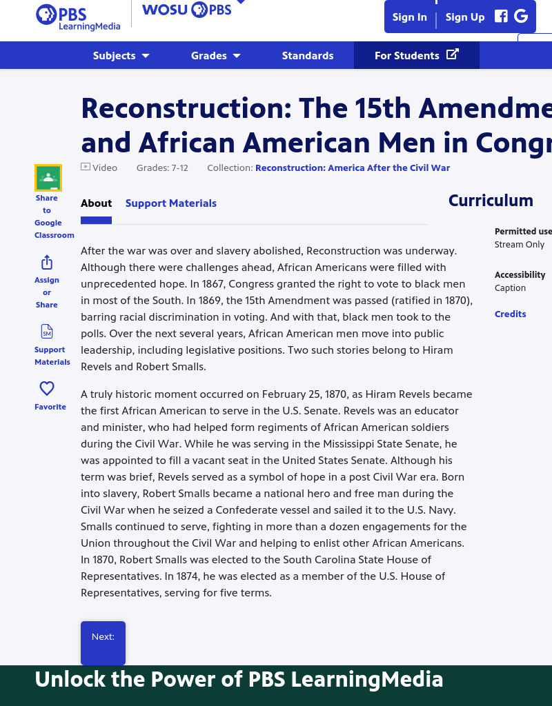 Reconstruction: The 15th Amendment and African American Men in Congress Instructional Video