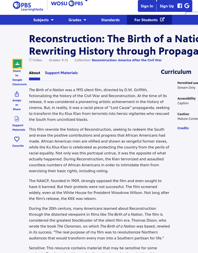 Reconstruction: The Birth of a Nation - Rewriting History through Propaganda Instructional Video