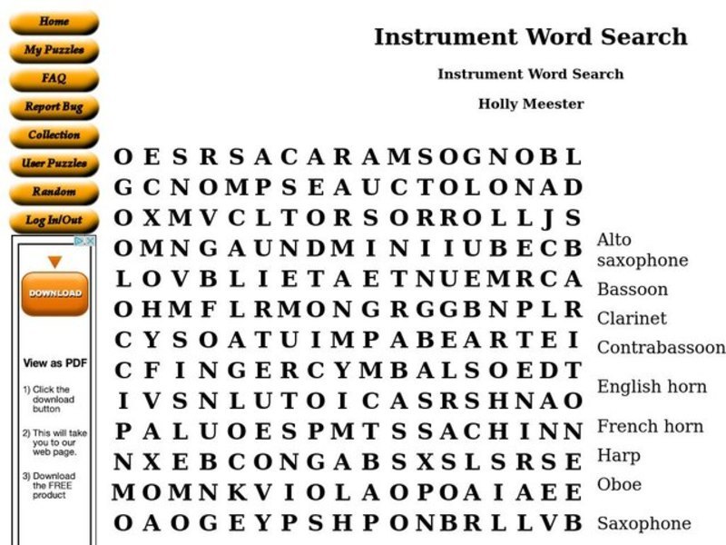 Instrument Word Search Worksheet