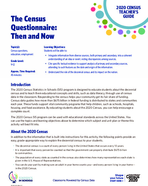 The Census Questionnaire: Then and Now Activity