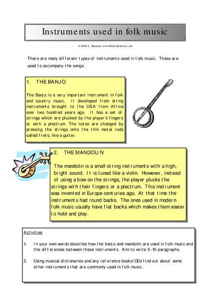 Instruments Used in Folk Music Worksheet