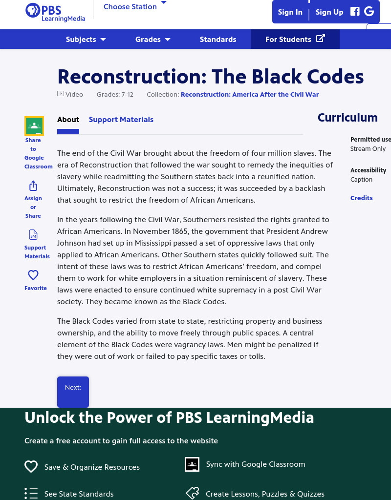 Reconstruction: The Black Codes Instructional Video