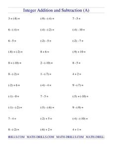 Integer Addition and Subtraction [A] Worksheet