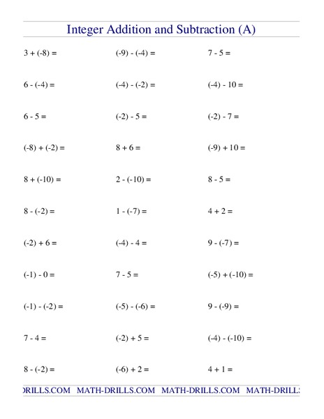 Integer Addition and Subtraction [A] Worksheet