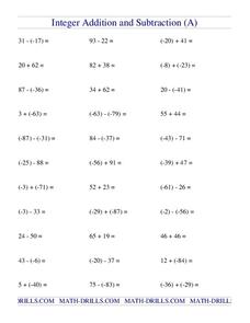 Integer Addition and Subtraction [A] Worksheet